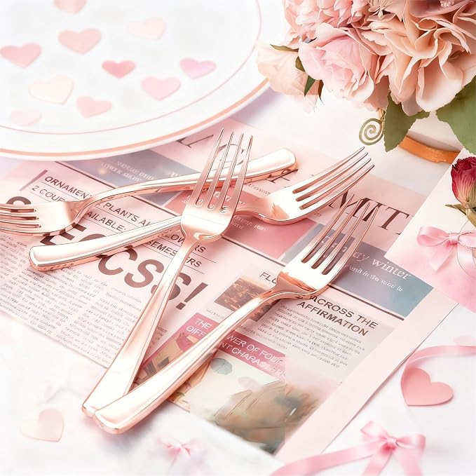 Liacere 200 Pack Rose Gold Forks Disposable - 7.4 inch Heavy Duty Plastic Forks - Heavyweight Plastic Fork - Rose Gold Silverware for Catering, Parties, Dinners, Wedding&Mother's Day&Valentine's Day