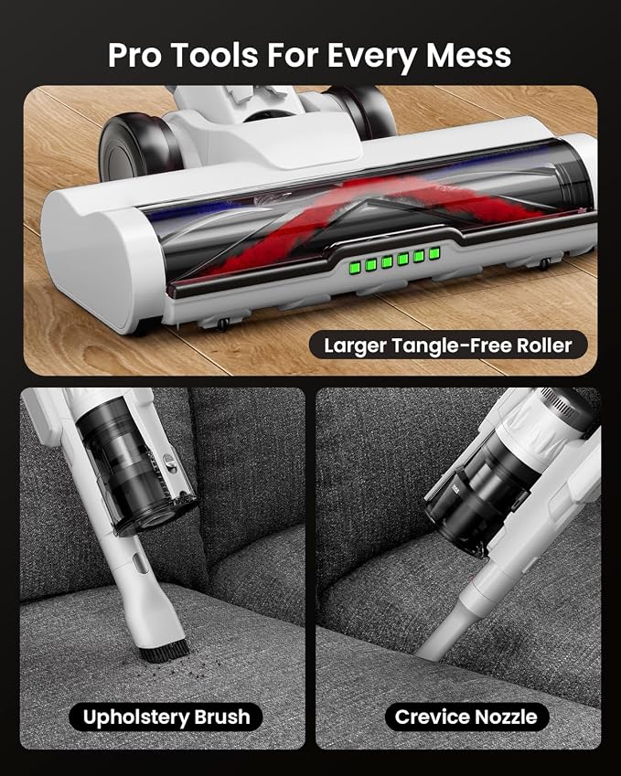 Cordless Vacuum Cleaner for Home, Upgraded 60Kpa Powerful Suction Pet Hair Vacuum with 70min Runtime, Green LED Light for Hardwood Floors & Carpet, Self-Standing Rechargeable Stick Vacuum, Grey-white