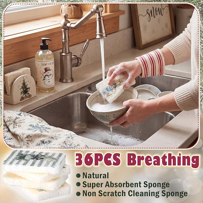 Hahafelt 36 Counts Compressed Cellulose Sponges Bulk Pop up Farmhouse Christmas Pattern Natural Kitchen Compostable Non Scratch Dish Sponges for Washing Dishes, Cleaning Countertop Sink
