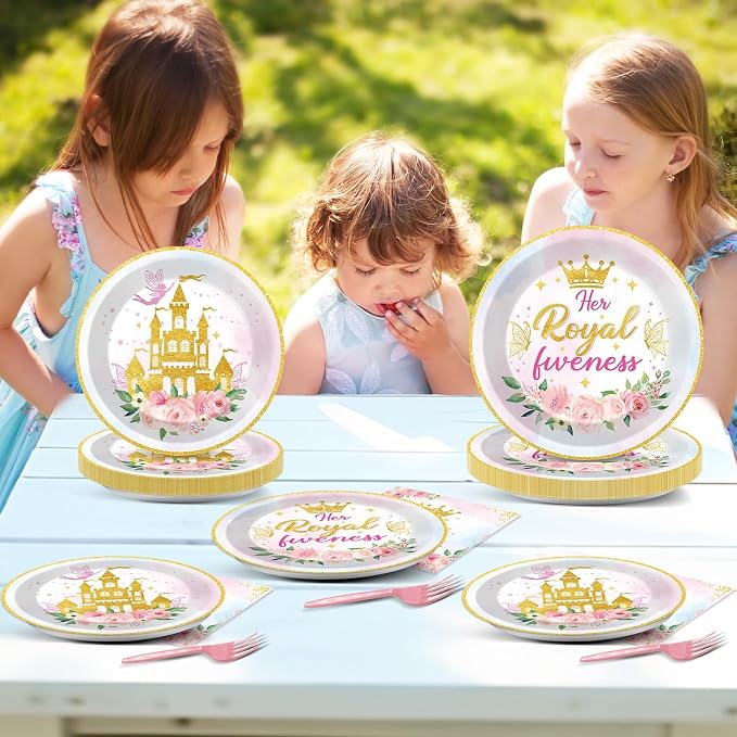 CHUNNIN 96Pcs Princess 5th Birthday Plates and Napkins Her Royal Fiveness Decorations Princess Party Dessert Plates Rainbow Castle Tableware for 24 Guests 5th Theme Girl Baby Shower Party Supplies