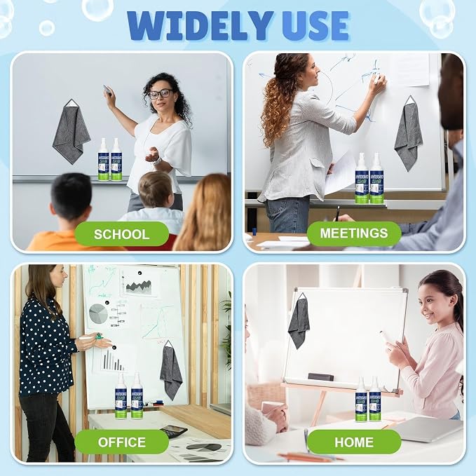 Fuyoooo 12 Pcs Whiteboard Cleaner Spray Dry Erase Board Cleaner with Magnetic Cloth White Board Cleaning Spray Removes Stubborn Marks from Whiteboards Chalkboard (250ml)