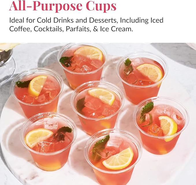 Prestee Clear Plastic Cups – 9oz Disposable PET Water, Wine, and Drink Glasses – Crystal Clear, Durable, Recyclable Party Cups – 100 Count for Holiday, Events, Coffee Shops, Restaurants