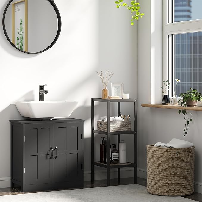 kleankin Pedestal Sink Storage Cabinet, Under Sink Cabinet with 2 Doors and Adjustable Shelf, Bathroom Vanity with U-Shape Cut-Out, Black