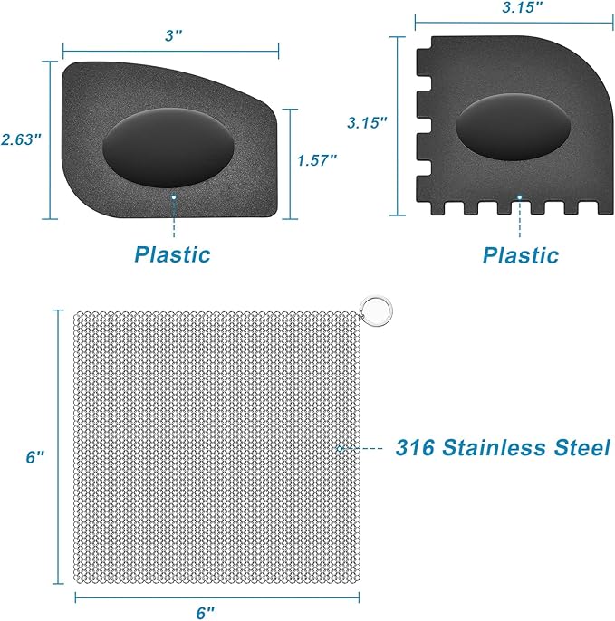 SUBEKYU 316 Stainless Steel Cast Iron Scrubber with Silicone Handle+Anti-Scratch Cast Iron Scrubber with Pan and Grill Scrapers