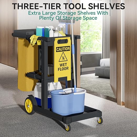 YITAHOME Janitorial Cart Cleaning Carts on Wheels, Black Housekeeping Carts, 3-Shelf Commercial Traditional Plastic Janitor Cart with Lid & 2 Yellow 25 Gallon Vinyl Bag, Mop & Broom Holders, Black