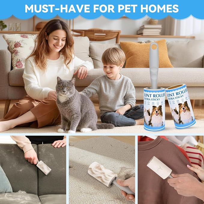 Lint Rollers for Pet Hair Extra Sticky 1200 Sheets Value Pack with 4 Handles and 10 Rolls Sticky Lint Roller for Cat Hair Dog Hair Clothes Furniture Couch