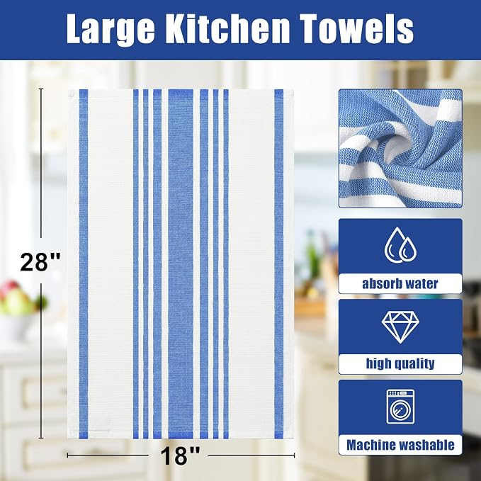 Homaxy Premium Kitchen Towels 18”x 28”, Large Cotton 380 GSM Kitchen Hand Towels, Stripe and Terry Dish Towel, Highly Absorbent Tea Towel Set with Hanging Loop, 3 Pack, Blueberry