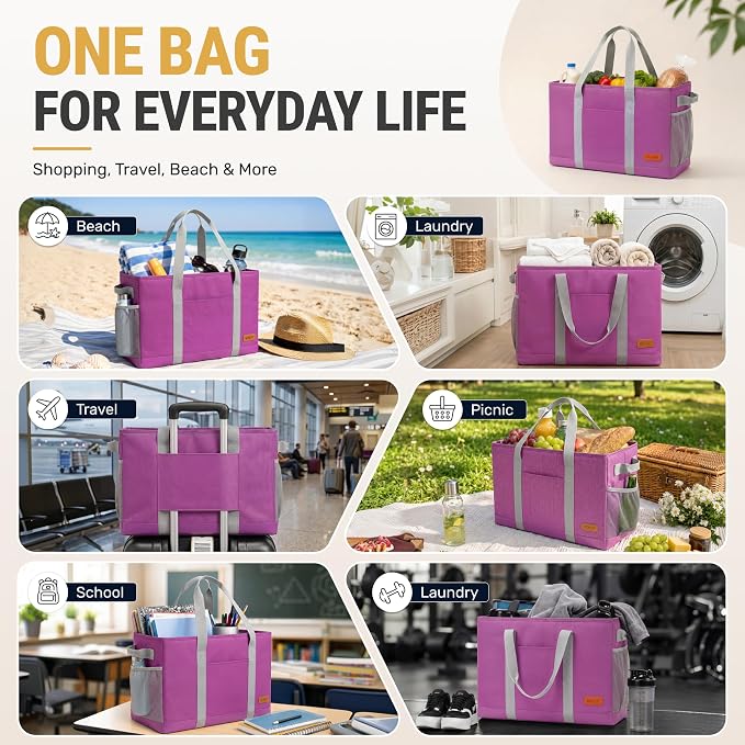WONDAY Extra Large Utility Tote Bag - Standing Reusable Grocery Bag with Handle, Collapsible Storage for Shopping, Beach