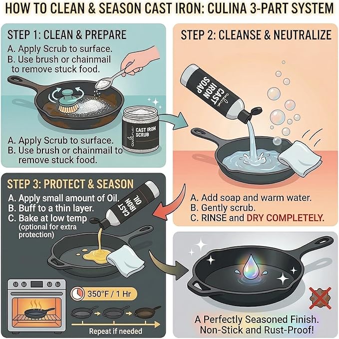 Culina Supreme Cast Iron Care Set: Restoring Scrub, Cleaning Soap & Conditioning Oil | Best for Cleaning Care, Washing & Restoring | 100% Plant-Based | for Cast Iron Cookware, Skillets, Pans & Grills!