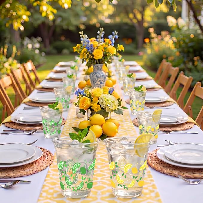 Uiifan 50 Pcs Lemon Plastic Cups 12 oz Lemonade Stand Supplies Green Yellow Lime Lemon Disposable Clear Drinking Cup Summer Hawaiian Luau Party Decoration for Birthday Wedding Bridal Baby Shower Party