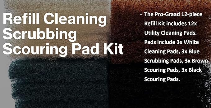 12 piece Refill Cleaning Scrubbing Scouring Pad Kit with 3X of 4 Different 10 x 4.5in Utility Cleaning Scrubber Scouring Pads | White Blue Brown Black | Compatible with Doodlebug Pad Holder