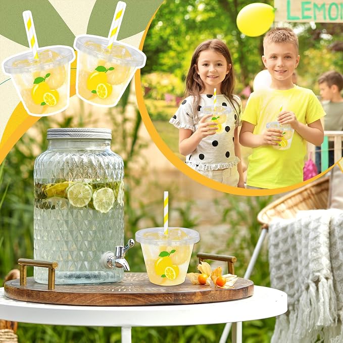 Whaline 100Pcs 9Oz Lemon Disposable Plastic Cups with Lids and Straws Summer Citrus Fruit Cold Beverage Drinking Cups for Birthday Baby Shower Party Supplies