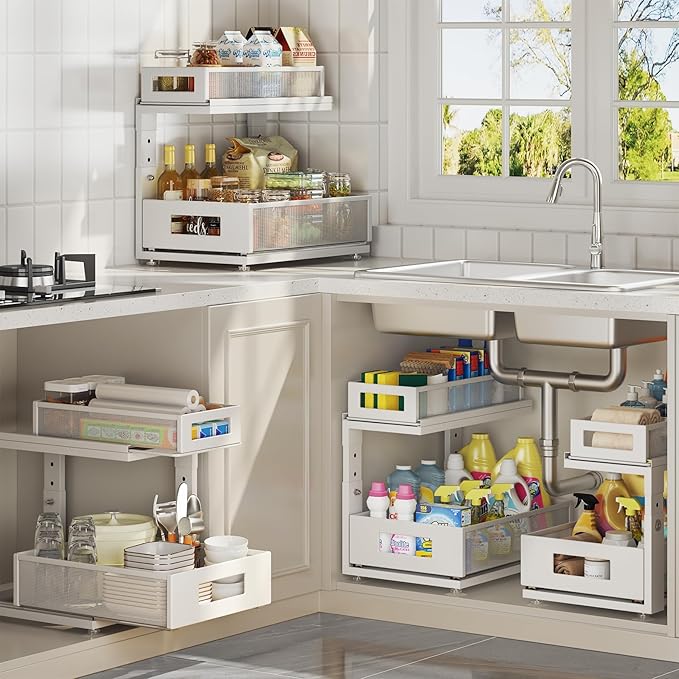 1 Pack Under Sink Organizer with Next-Gen Ball-Bearing Slides,2-Tier Pull Out Cabinet Storage,Height Adjustable Drawer Shelf for Bathroom,Kitchen,Laundry,Cabinet,Pantry-White