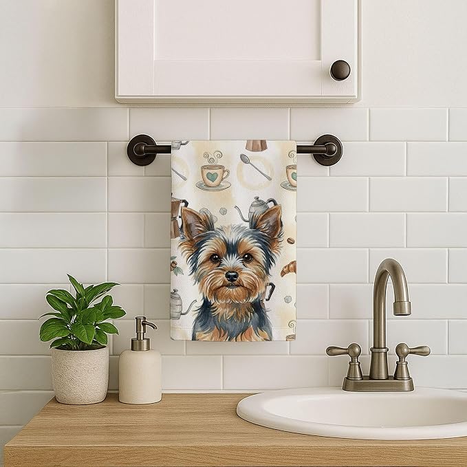 Caroline's Treasures Blue and Tan Yorkshire Terrier Coffee Bar Kitchen Towel Velour Plush Front and Cotton Loop Back Machine Washable