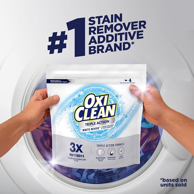 OxiClean Triple Action White Revive Laundry Whitener Powder, 6.5 lbs | Use with Detergent, Whitens and Brightens Clothes, Removes Tough Stains, Color Safe, Chlorine Free