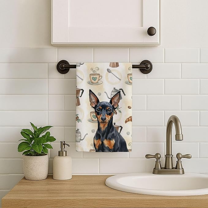 Caroline's Treasures Black and Tan Miniature Pinscher Coffee Bar Kitchen Towel Velour Plush Front and Cotton Loop Back Machine Washable