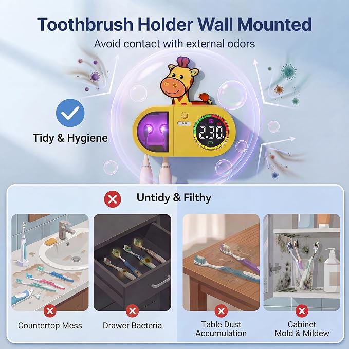 Toothbrush Holder & Toothbrush Cleaner, Kids Toothbrush Sanitizer Holder - 2 Toothbrush Capacity, Rechargeable Wall Mount Toothbrush Holder for Bathrooms
