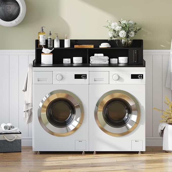 Upgraded 2-Tier Washer and Dryer Countertop with Power Outlet,54" W x 27.6" D Large Laundry Countertop for Fold Clothes, Laundry Topper with Non-Slip Pads & Metal Hooks and Storage Basket