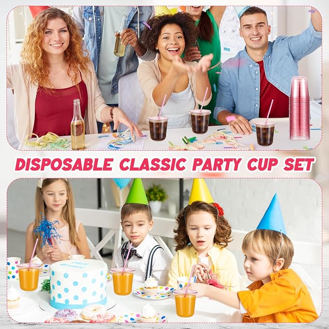 Ziliny 50 Sets Clear Round Bottom Plastic Cups with Lids and Straws, Cute Disposable Drinking Coffee Cups, for Christmas Valentine's Galentine's Day Party Wedding Birthday Supplies (12oz,Pink)