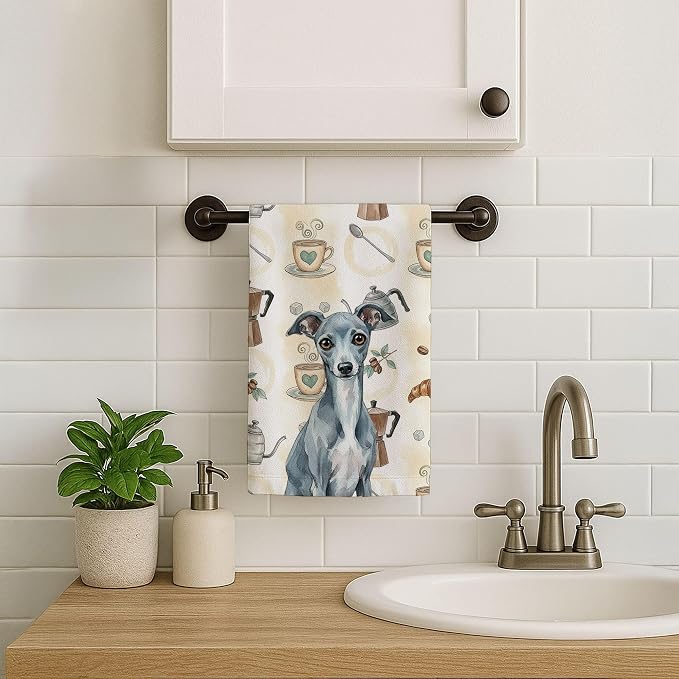 Caroline's Treasures Blue Italian Greyhound Coffee Bar Kitchen Towel Velour Plush Front and Cotton Loop Back Machine Washable