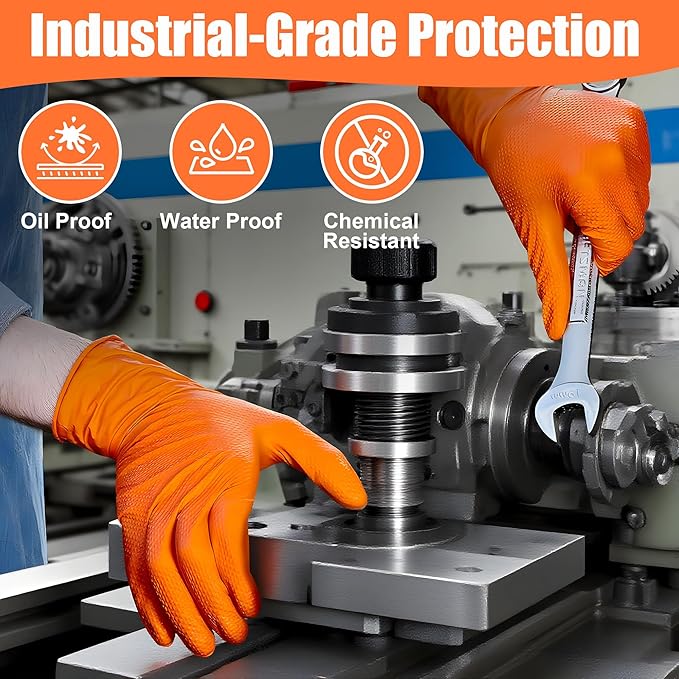 TREEGO Orange Nitrile Gloves 10 Mil Heavy Duty Disposable Latex Free Gloves – Extra Thick Diamond Grip Mechanic Gloves for Heavy Work, XL, 1000 Count Case