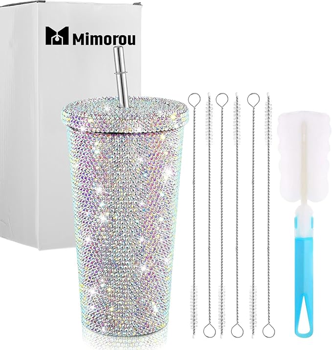 Mimorou Studded Bling Diamond Tumbler Glitter Water Bottle with Lid Stainless Steel Vacuum Thermal Straw Rhinestone Tumbler with 1 Pcs Cup Brush 6 Pcs Straw Brushes for Women(23.67 oz,AB Color)