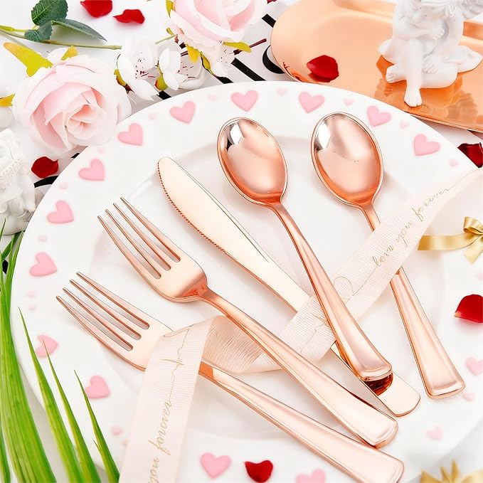 Liacere 100Pack Rose Gold Plastic Silverware - Pre Rolled Napkins with Rose Gold Cutlery - Wrapped Silverware Set Disposable100 Forks Knives Spoons Wrapped Utensils for Wedding & Party