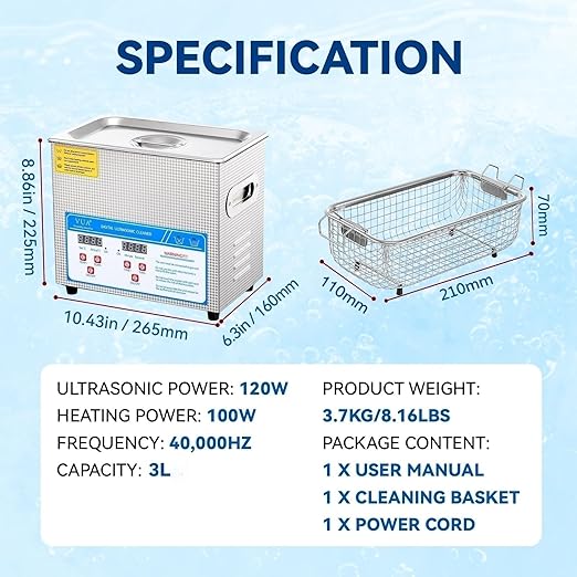 VUA 3L Ultrasonic Cleaner with Digital Timer & Heater, Professional Ultra Sonic Cleaner, Ultrasonic Parts Cleaner for Glasses Watch Denture Dental Irrigator Ring Jewelry Tools Circuit Board