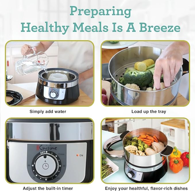 Euro Cuisine FS3200 Electric Food Steamer, Versatile Vegetable Steamer & Steam Cooker for Healthy Cooking, Ideal for Fish, Veggie, Meat, Easy Cleaning, Stainless Steel Design 1200 Watts