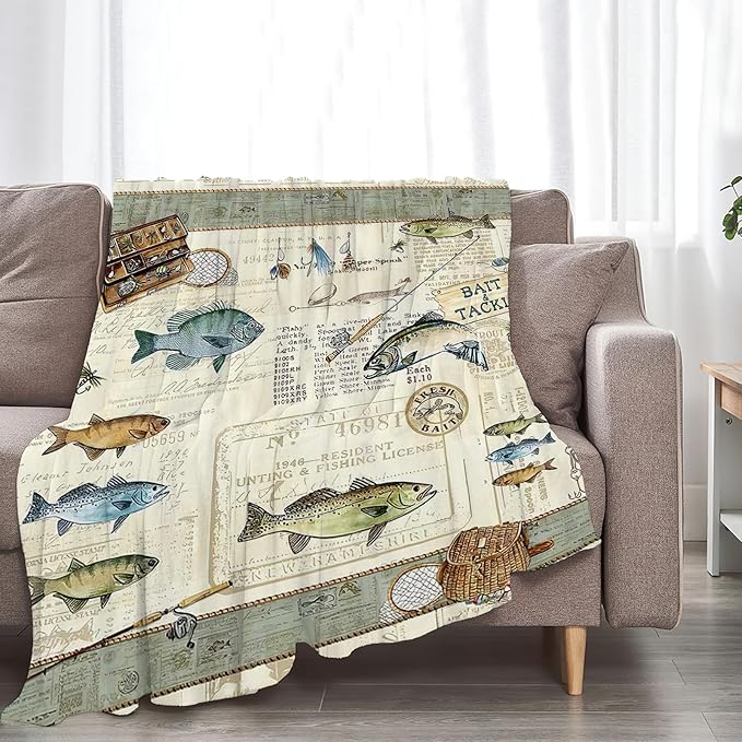 Tijuboni Fishing Throw Blanket Cabin Fishing Gifts for Men Boys Women Girls Adults Kids Soft Flannel Fleece Blanket for Couch Sofa Bed Home Decor 50"x60"