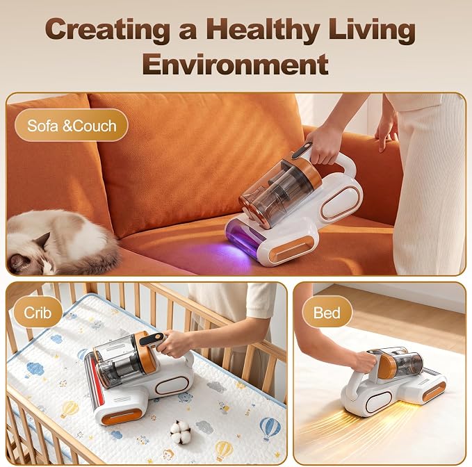 Mattress Vacuum Cleaner, Cordless Bed Vacuum with 13KPa Suction, Portable Vacuums for Sofa Couch Crib, Birthday Gifts for Women (White & Gold)