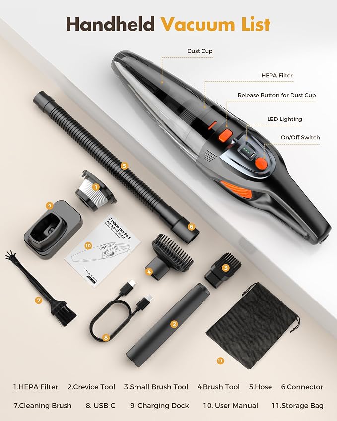 Handheld Vacuum Cordless 25000PA Powerful Suction, Portable Car Vacuum, 3 in 1 Hand Held Vacuum Rechargeable 8000mAh with LED Light, HEPA Filter, Home, Car Seats, Office, Pet Hair, Dust Buster