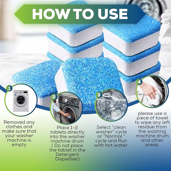 True Fresh Washing Machine Cleaner Descaler Tablets 15 Pack - Heavy Duty Mold Stain Remover Gel – Deep Cleaning Kit for HE Front & Top Load Washers, Seals, Grout, Shower Caulking, Tiles & More