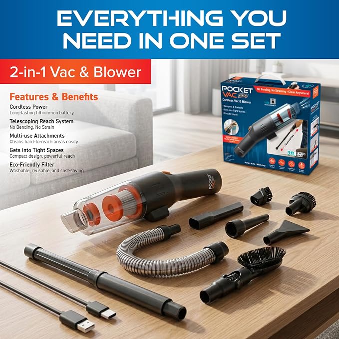 Pocket Vac Reach Handheld Vacuum w/ 3ft Extension Wand – Cordless 2-in-1 Blower & Portable Car Vacuum Cleaner, Mini Hand Vacuum for Furniture, Keyboard & Tight Spaces - w/ 8-Piece Attachment Kit