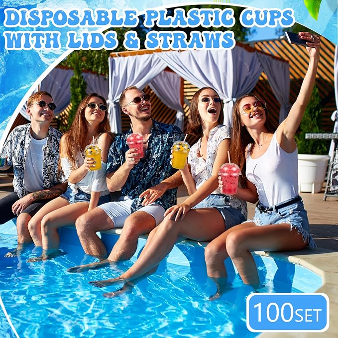 Reallnaive 100 Sets 12 oz Clear Slushie Cups with Dome Lids and Snow Cone Spoon Straws, Disposable Smoothie Cold Drinking Cups for Party Iced Coffee Cold Drinks Juice Milkshake