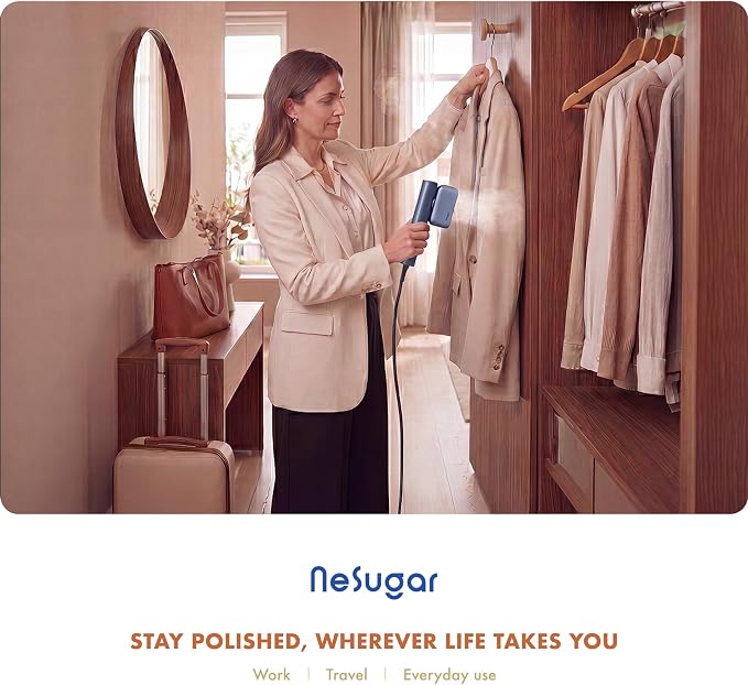 Nesugar G2 Pro Portable Travel Steamer for Clothes - Handheld Garment Steamer for Instant Wrinkle Smoothing - Rotating Head, Quick Heat-Up & Sleek, Compact Profile - Hanging Ironing - Silver Blue
