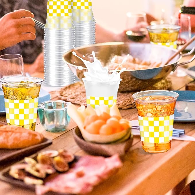 SiliFine 50 Pcs 12 oz Yellow Checkered Plastic Cups Clear Disposable Gingham Plaid Party Cups for Baby Shower, Dinner Birthday Baby Shower Wedding Party Decorations