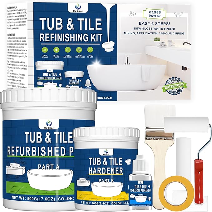 XUDOAI Bathtub Refinishing Kit Gloss White 21.5oz Tub Paint Reglazing, Tub and Tile Refinishing Kit with Tools, Paint for Bathroom/Kitchen/Shower/Porcelain/Sink/Ceramic