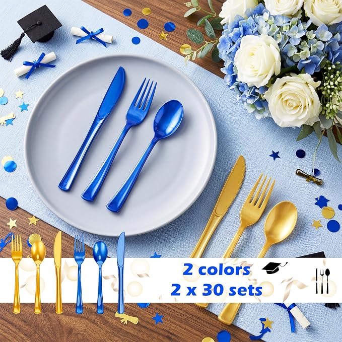 Minatee 180 Pcs Blue and Gold Plastic Silverware Heavy Duty Cutlery Sets Disposable Utensils for Holiday Birthday Themed Party Supplies, 60 of Each Forks Knives Spoons