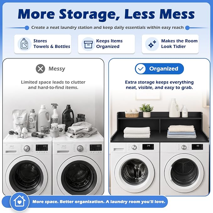Royxen Laundry Countertop with Storage Universal Fit, Washer and Dryer Countertop with Shelf, Laundry Room Storage, 2-Tier Shelf (Black)