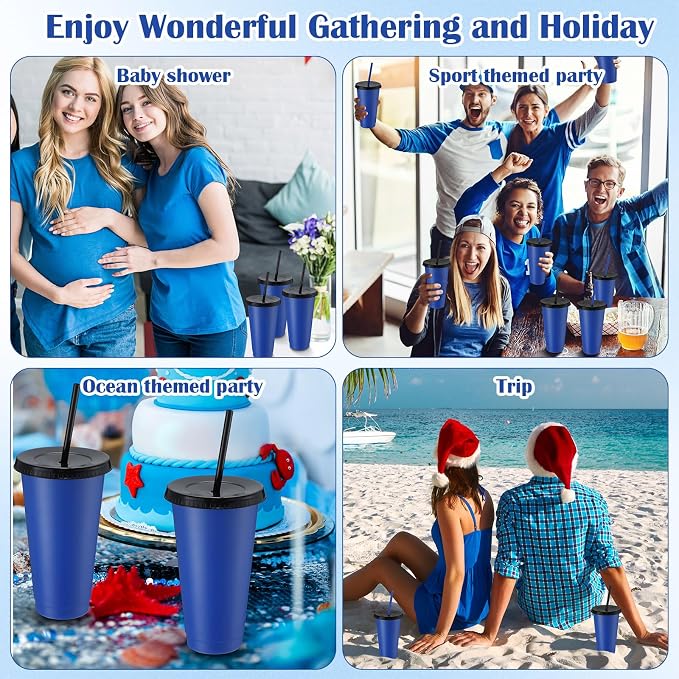 Honeydak 30 Pack Tumbler with Straw and Lid Bulk Cups for Gifts Water Bottle Iced Coffee Travel Mug Cup Reusable Plastic Tumblers for Party Birthdays 24-27 oz (Dark Blue and Black Color)