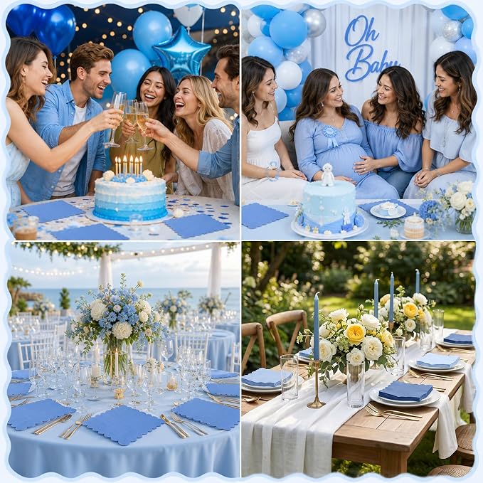 300 Pack Dusty Blue Napkins, 5 x 5 Inch Disposable Scalloped Gradient Blue Cocktail Napkins Thick Beverage Napkin for Wedding Birthday Party Supplies