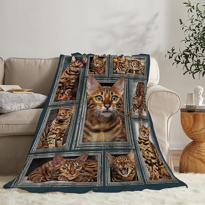 Bengal Cat Gifts and Decor - Cute Throw Blanket for Girls, Women, Kids, Adults - Soft Warm Cozy Fleece for Couch, Sofa, Bed - 60"x50"