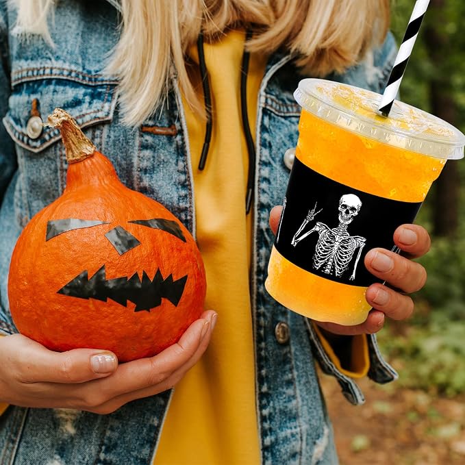 JarThenaAMCS 50Pcs Halloween Disposable Plastic Cups with Lids and Straws 12oz Funny Skeleton Cold Beverage Drinking Cups for Birthday Goth Party Supplies