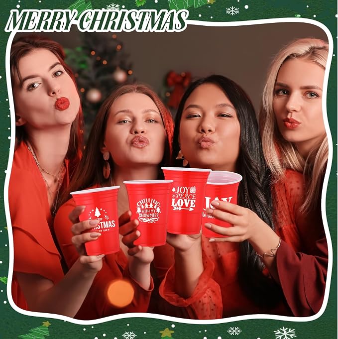 Zhehao 50 Pcs Christmas Cups 16 oz Christmas Plastic Disposable Party Bulk Red Joy Merry Xmas Cups for Drinking Party Supplies Decoration Beverage Coffee Snacks Beer, 5 Styles