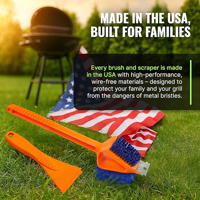 CitruSafe 3in1 Nylon Grill Brush with Cookbox Scraper - Made in USA - Non Metal, No Wire Bristles, Safe BBQ Brush for Outdoor Grills - Grilling Accessories & Tools to Clean Cool Grill Grates