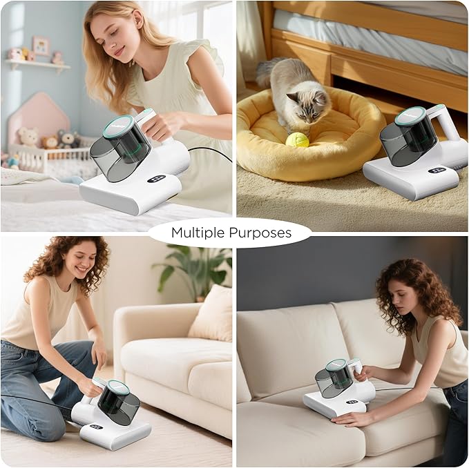 HAUSHOF Mattress Vacuum Cleaner, 16 Kpa Bed Vacuum Cleaner with 275nm UV-C Light, 140°F Heat, Ultrasonic, HEPA Filter, Dual Dust Cups, Versatile Handheld Vacuums for Bed, Sofa, Couch, Crib