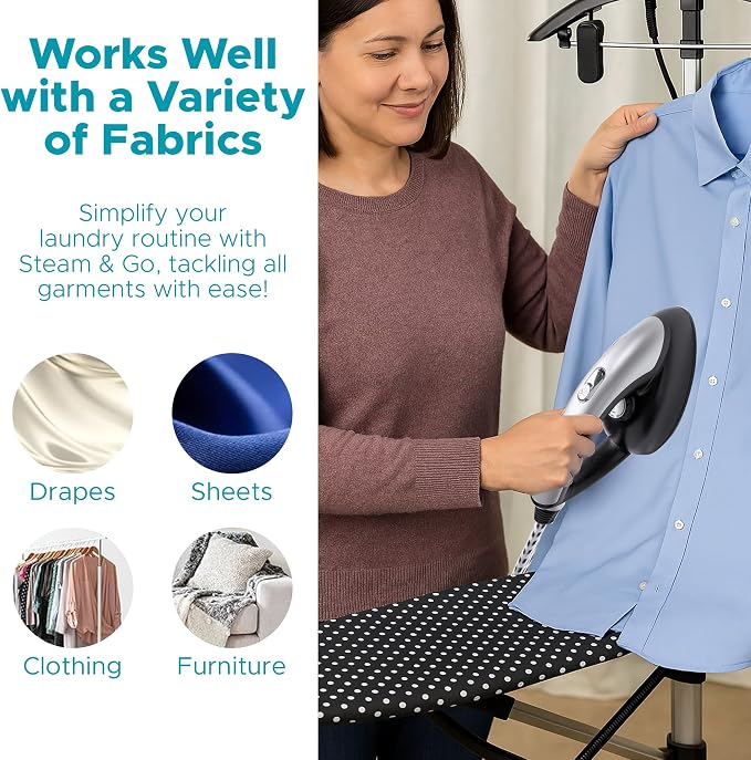 Steam & Go - All-in-One Garment Steamer and Iron, Pressurized Steamer For Clothes with Ironing Board and Clothing Hanger, Steam Iron Fabric Steamer for Wrinkles and Creases, Chemical-Free