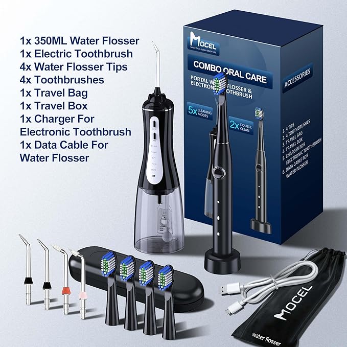 MOCEL Water Dental Flosser and Electric Toothbrush Combo - Portable Oral Clean Kit for Teeth Cleaning, Braces & Gums Care
