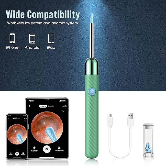 LEIPUT Ear Wax Removal - Earwax Remover Tool with 8 Pcs Ear Set - Ear Canal Cleaner with 1080P Camera - Ear Cleaning Kit with 6 Ear Spoon - Ear Camera for iOS & Android (Green)